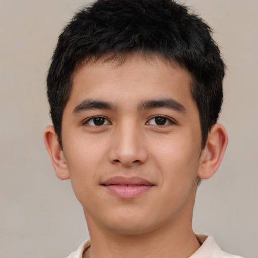 Joyful white young-adult male with short  black hair and brown eyes