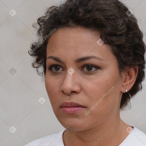 Neutral white young-adult female with short  brown hair and brown eyes