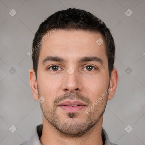 Neutral white young-adult male with short  brown hair and brown eyes