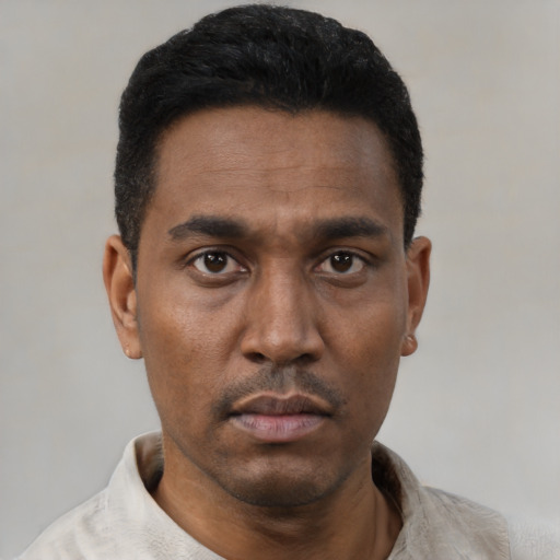 Neutral black young-adult male with short  black hair and brown eyes
