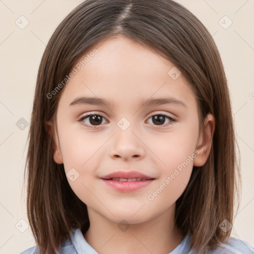 Joyful white child female with medium  brown hair and brown eyes