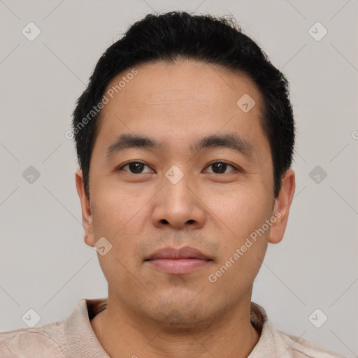 Neutral asian young-adult male with short  black hair and brown eyes