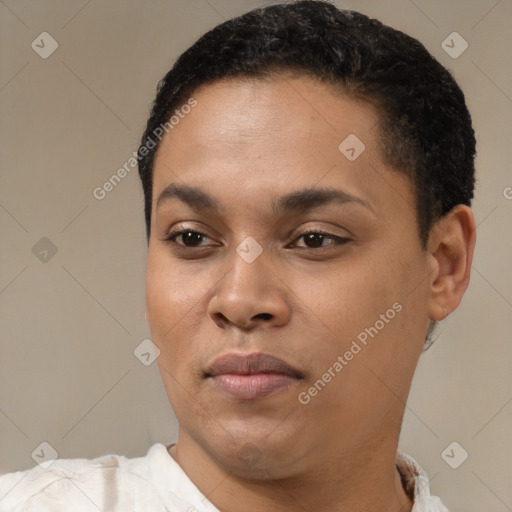 Joyful black young-adult female with short  brown hair and brown eyes