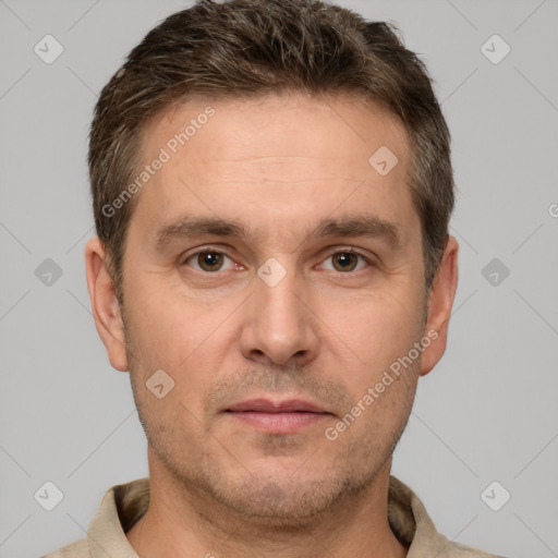 Neutral white adult male with short  brown hair and brown eyes