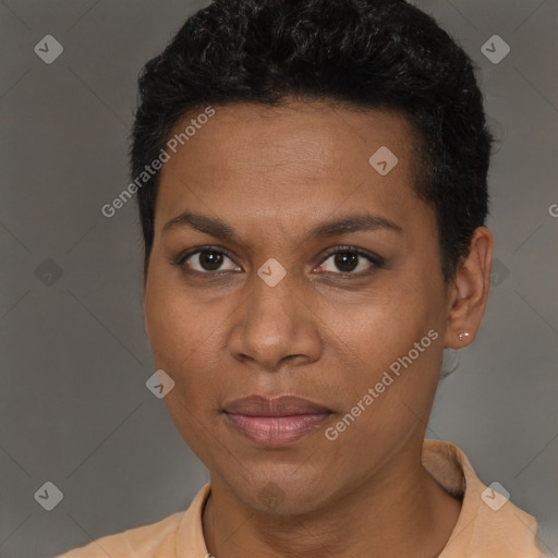 Joyful black adult female with short  brown hair and brown eyes