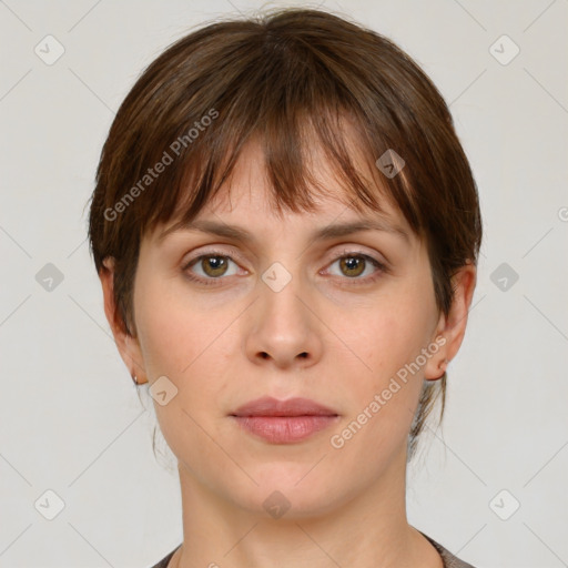 Neutral white young-adult female with medium  brown hair and grey eyes