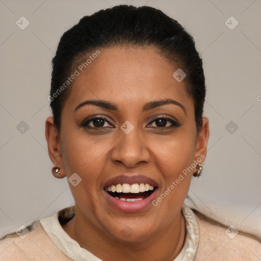 Joyful black young-adult female with short  brown hair and brown eyes