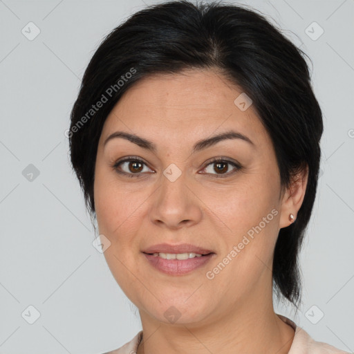 Joyful white adult female with medium  brown hair and brown eyes