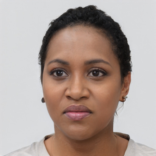 Neutral black young-adult female with short  black hair and brown eyes