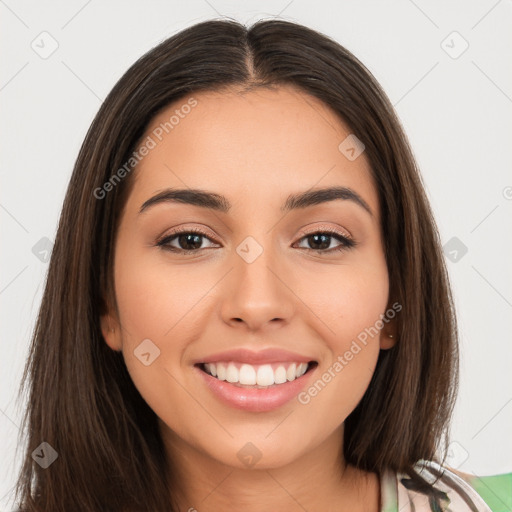 Joyful white young-adult female with long  brown hair and brown eyes