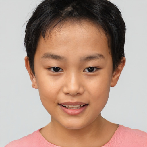 Joyful asian child female with short  brown hair and brown eyes