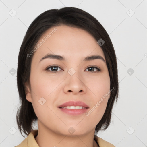 Joyful white young-adult female with medium  black hair and brown eyes