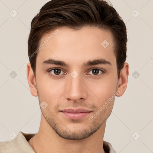 Neutral white young-adult male with short  brown hair and brown eyes