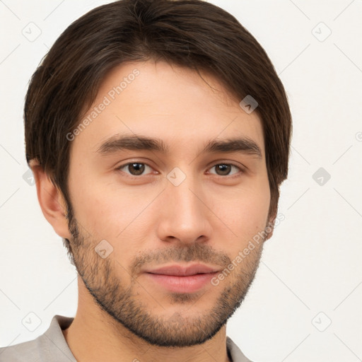 Neutral white young-adult male with short  brown hair and brown eyes