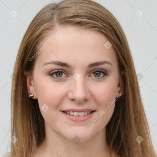 Joyful white young-adult female with long  brown hair and grey eyes