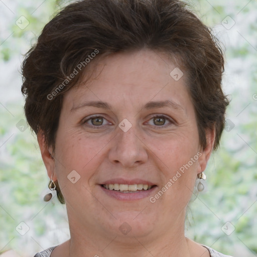 Joyful white adult female with short  brown hair and brown eyes