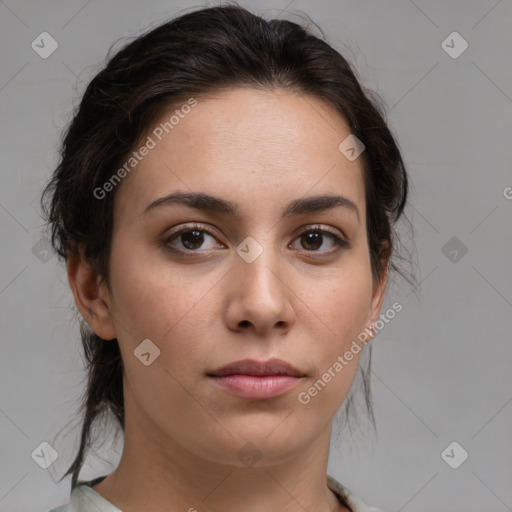 Neutral white young-adult female with medium  brown hair and brown eyes