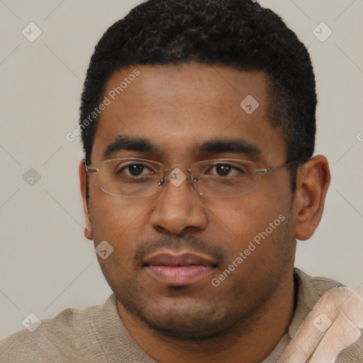 Neutral black young-adult male with short  black hair and brown eyes
