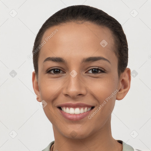 Joyful white young-adult female with short  brown hair and brown eyes