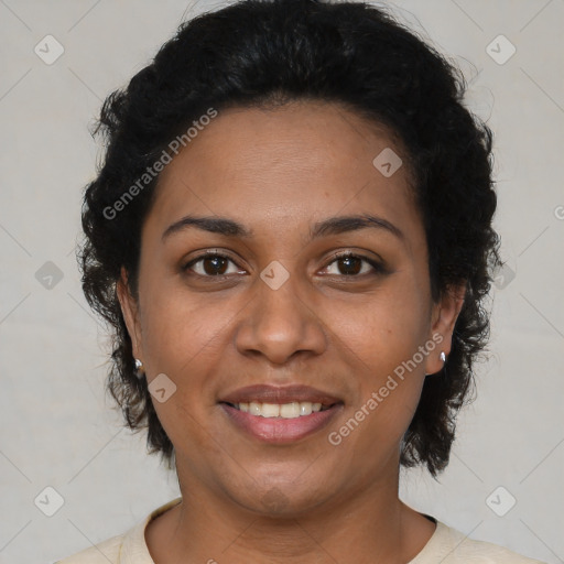 Joyful latino young-adult female with short  brown hair and brown eyes