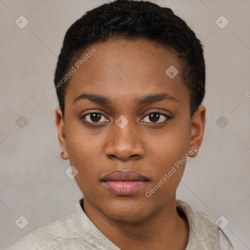 Neutral black young-adult female with short  black hair and brown eyes