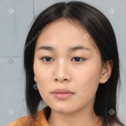 Neutral asian young-adult female with medium  brown hair and brown eyes