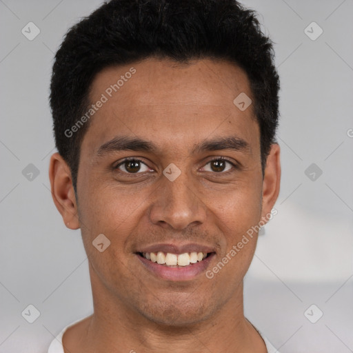 Joyful white young-adult male with short  black hair and brown eyes