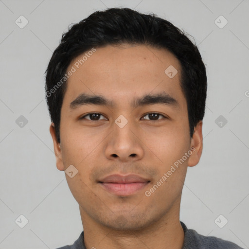 Neutral asian young-adult male with short  black hair and brown eyes