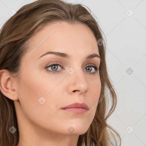 Neutral white young-adult female with long  brown hair and grey eyes