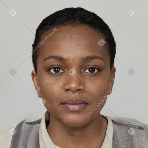 Neutral black young-adult female with short  black hair and brown eyes