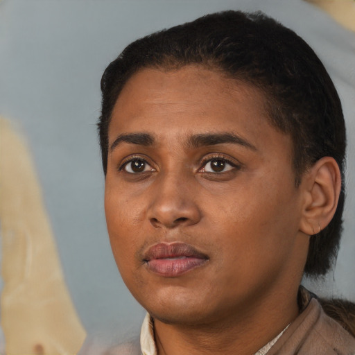 Neutral black young-adult female with short  black hair and brown eyes