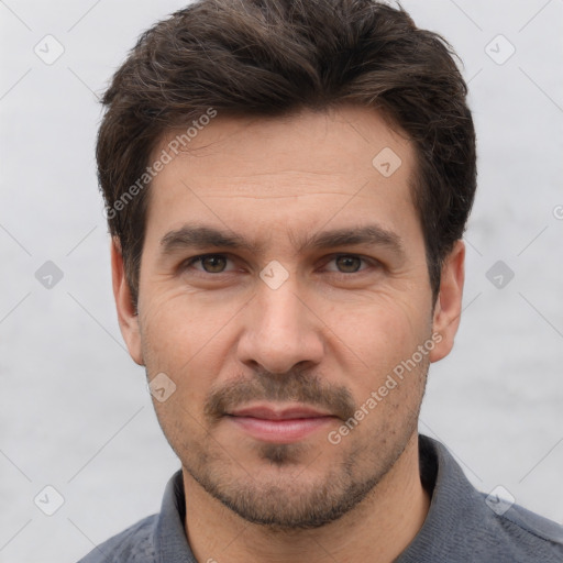 Neutral white adult male with short  brown hair and brown eyes