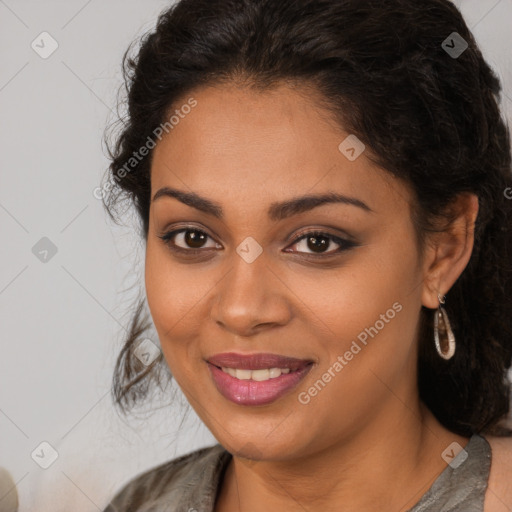 Joyful latino young-adult female with long  brown hair and brown eyes