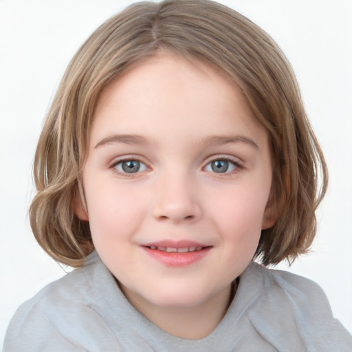 Joyful white child female with medium  brown hair and blue eyes