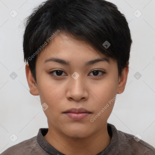 Neutral asian young-adult female with short  brown hair and brown eyes