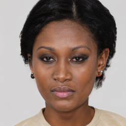 Neutral black young-adult female with short  black hair and brown eyes