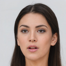 Neutral asian young-adult female with long  brown hair and brown eyes