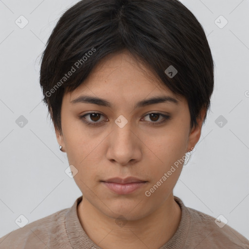 Neutral asian young-adult female with short  brown hair and brown eyes