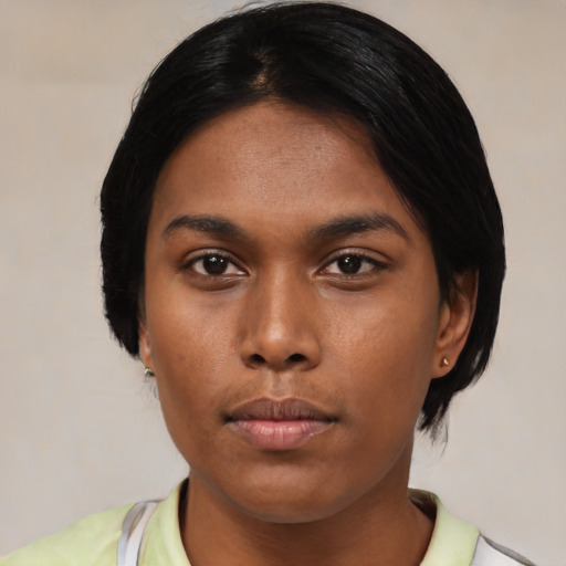 Neutral asian young-adult female with medium  black hair and brown eyes