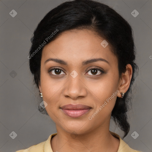 Joyful latino young-adult female with medium  black hair and brown eyes