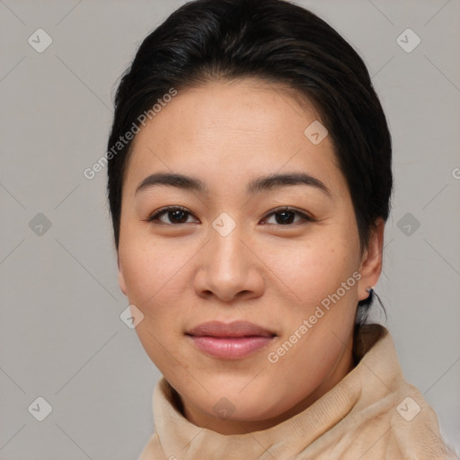 Joyful asian young-adult female with short  brown hair and brown eyes