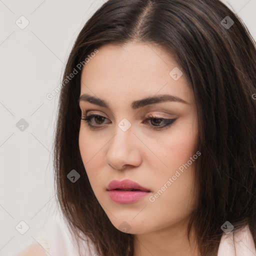 Neutral white young-adult female with long  brown hair and brown eyes