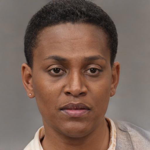 Neutral black young-adult female with short  brown hair and brown eyes