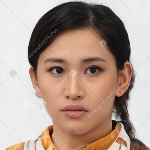 Neutral asian young-adult female with medium  brown hair and brown eyes