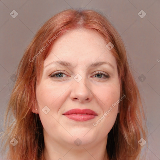 Joyful white young-adult female with medium  brown hair and blue eyes