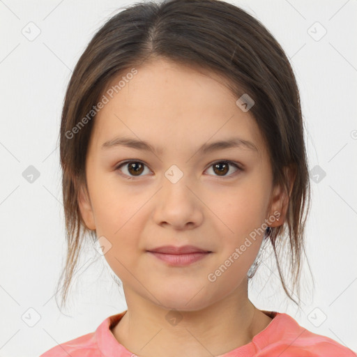 Joyful white child female with medium  brown hair and brown eyes