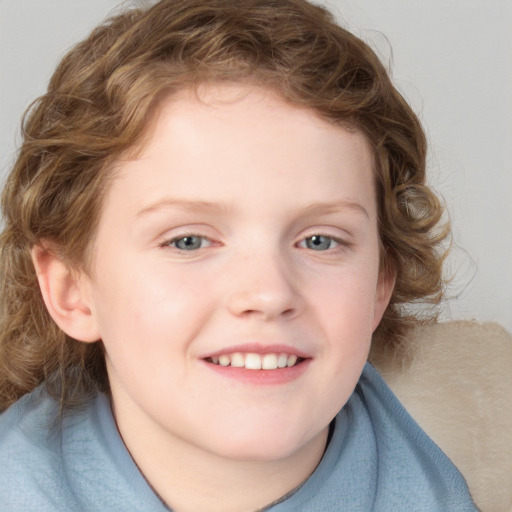 Joyful white child female with medium  brown hair and blue eyes