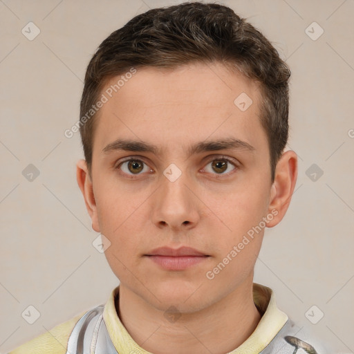 Neutral white young-adult male with short  brown hair and brown eyes