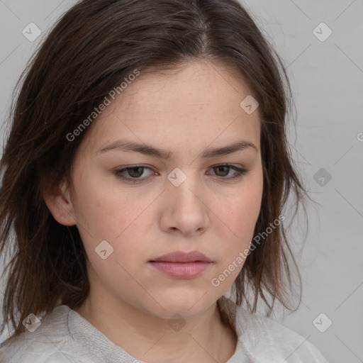 Neutral white young-adult female with medium  brown hair and brown eyes