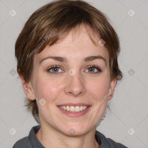 Joyful white young-adult female with medium  brown hair and grey eyes